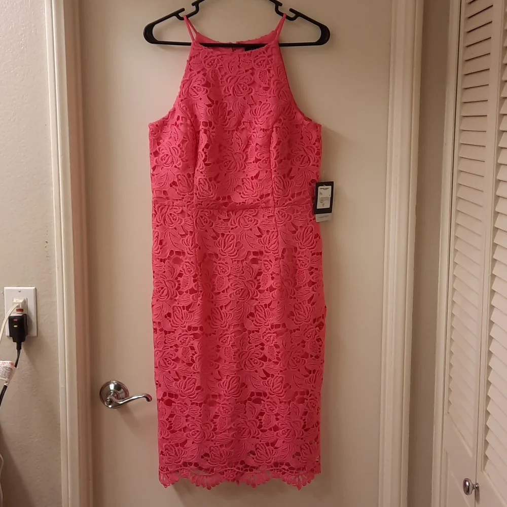 NWT, Marina Hot Pink Lace Halter Dress - Picture 1 of 12